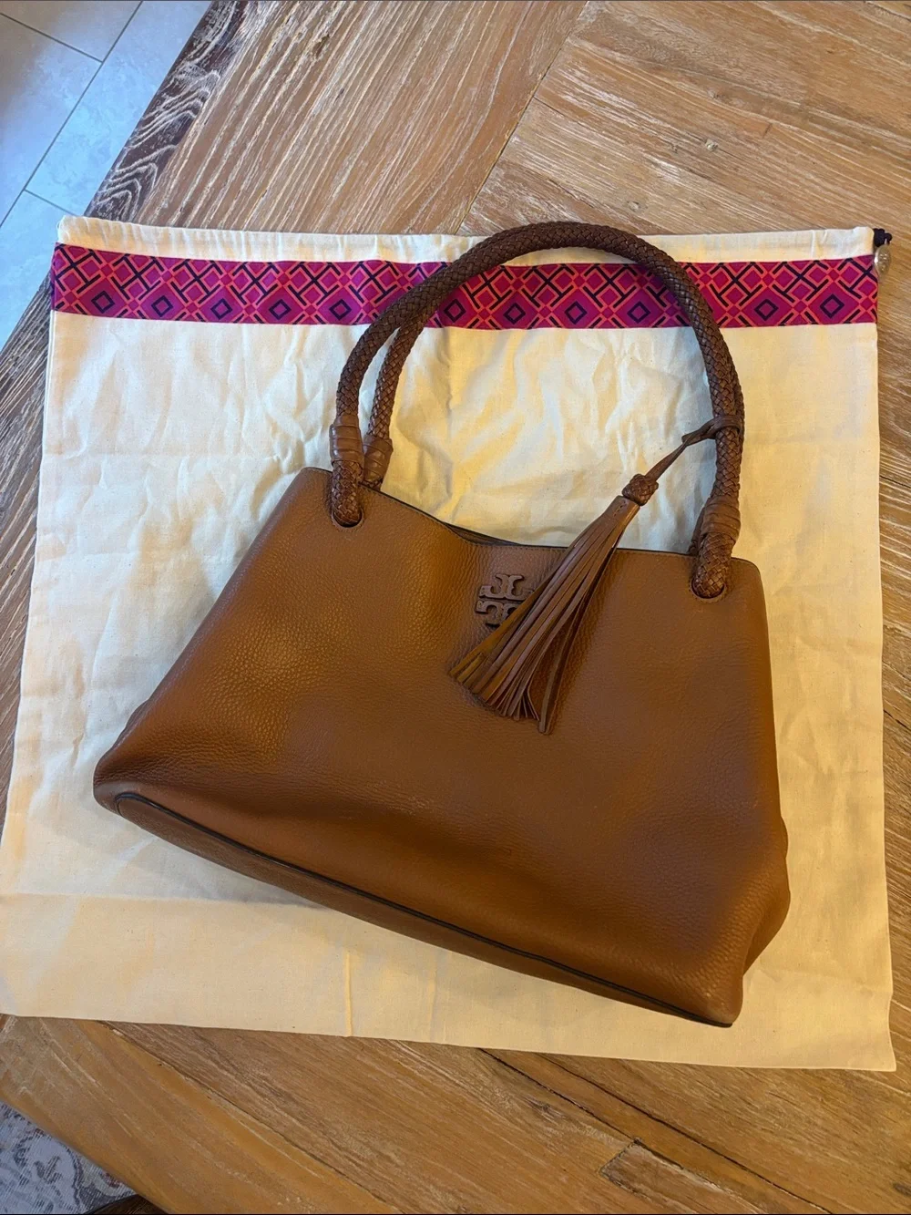 Tory Burch Cognac Braided-Handle Leather Shoulder Bag with Tassel